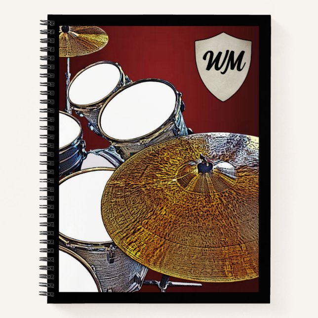 Monogram Drummer Custom Drum Kit Rock & Roll Music Notizbuch (Vorderseite)