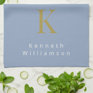 Monogram Dusty Blau Gold Weiß Modern Minimal Männe Geschirrtuch