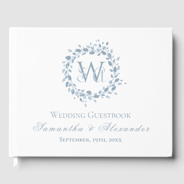 Monogram Dusty Blue Floral Wreath Wedding Gästebuch (Vorderseite)