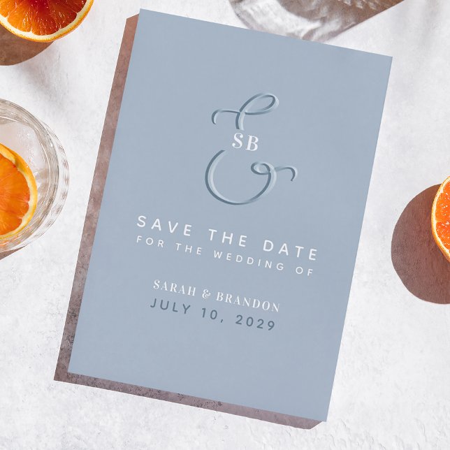 Monogram Dusty Blue Foto Wedding Save The Date (Von Creator hochgeladen)