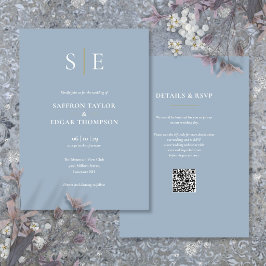Monogram Dusty Blue QR Code Wedding Einladung