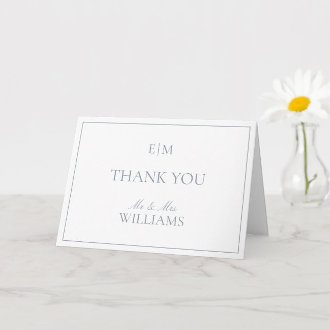 Monogram Dusty Blue Script Wedding Foto Vielen Dan Karte (Kleine Pflanze)