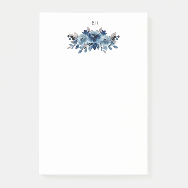 Monogram Dusty Blue und Navy Floral Post-it Klebezettel (Vorderseite)