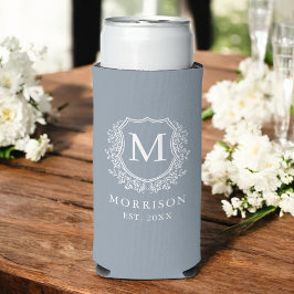 Monogram Dusty Blue Wappen Botanical Wedding Selters Dosenkühler