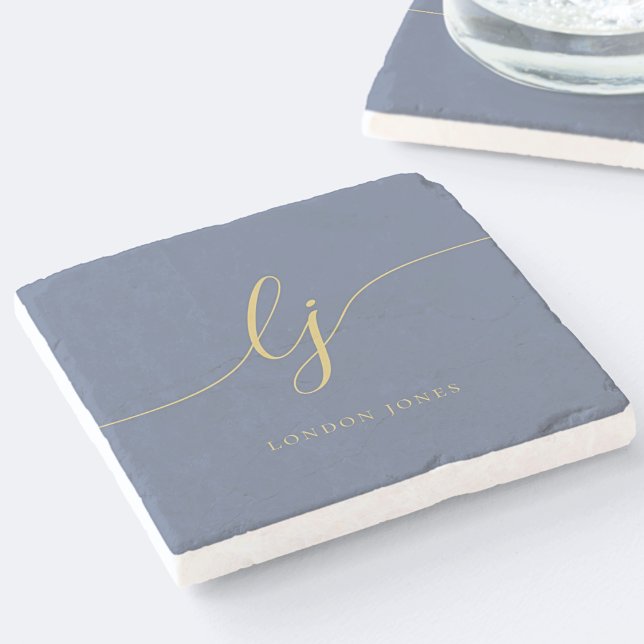 Monogram Dusty Navy Blue Gold Einfache Elegant Steinuntersetzer (Von Creator hochgeladen)