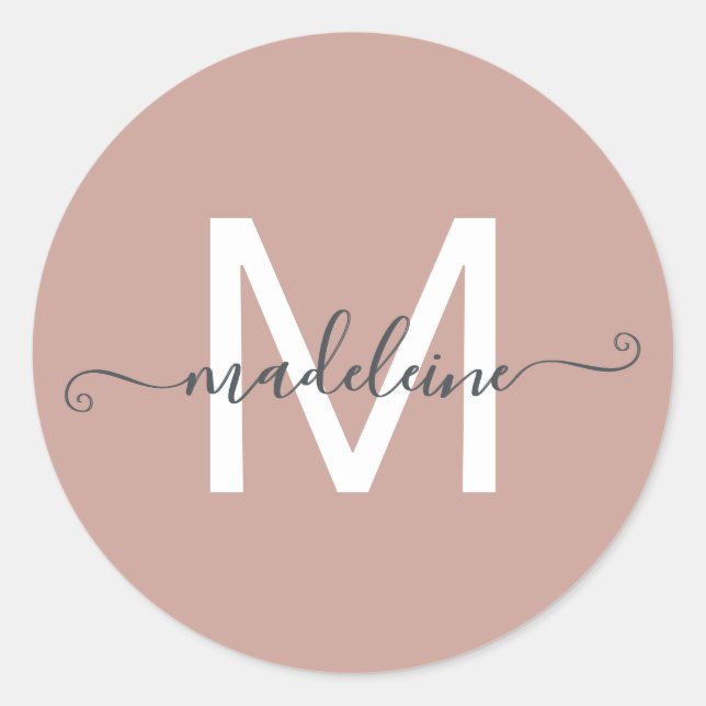 Monogram Dusty-Rose für personalisierten Skriptnam Runder Aufkleber (Vorderseite)
