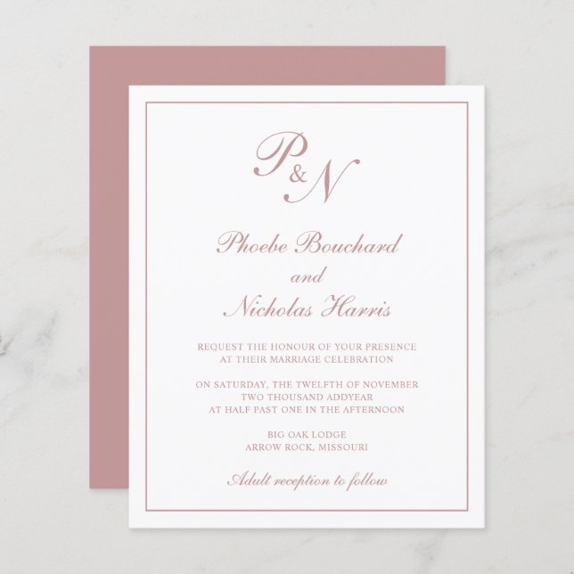 Monogram Dusty Rose Pink Budget Einladung Hochzeit (Vorne/Hinten)