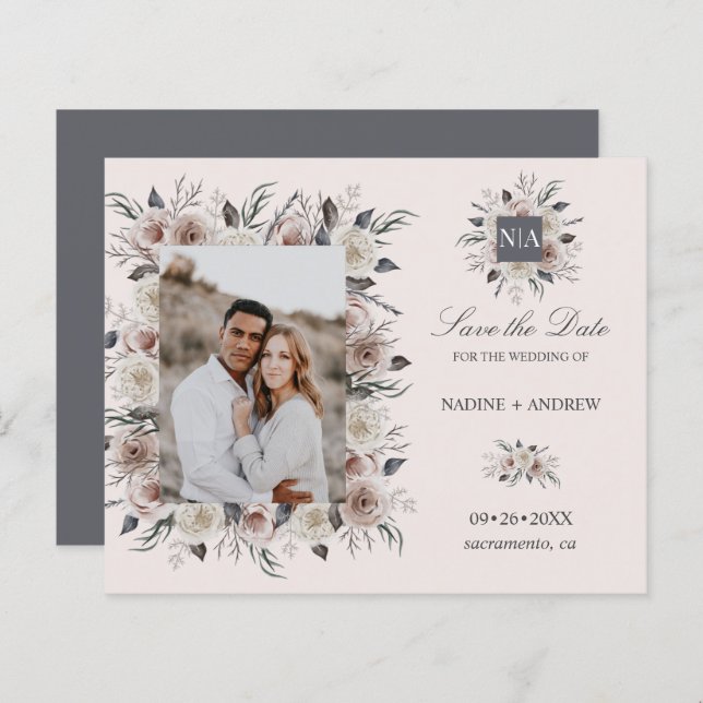 Monogram Dusty Rose Wedding Foto SAVE THE DATE (Vorne/Hinten)