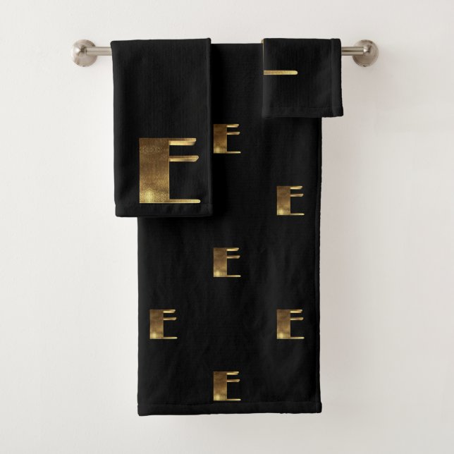 Monogram E Black and Gold Look Elegante Typografie Badhandtuch Set (Insitu)