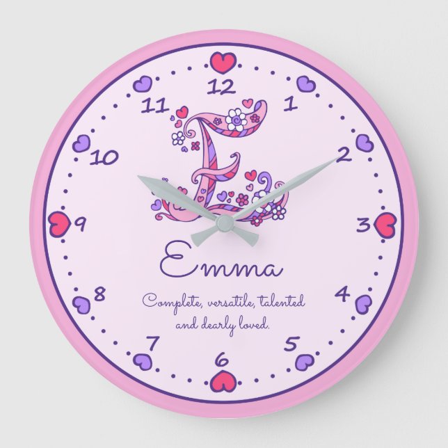 Monogram E Emma hearts name meaning clock Große Wanduhr (Vorderseite)