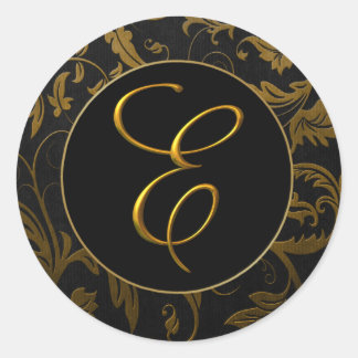 Monogram E Gold and Black Damask Wedding Siegel Runder Aufkleber