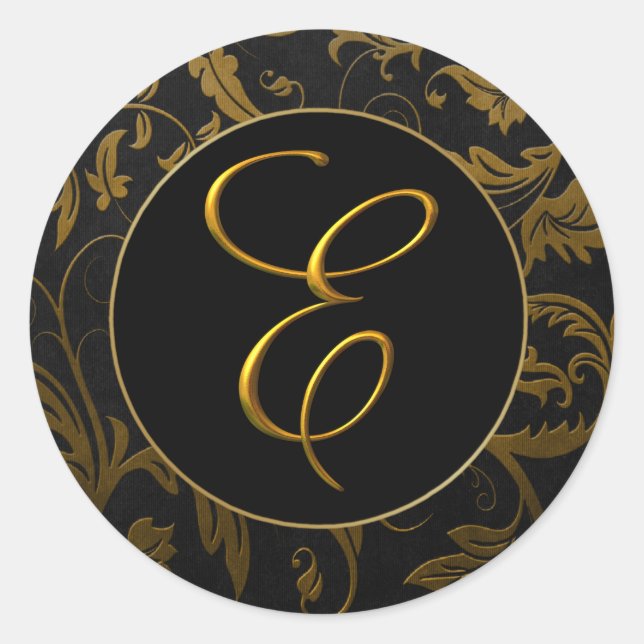 Monogram E Gold and Black Damask Wedding Siegel Runder Aufkleber (Vorderseite)