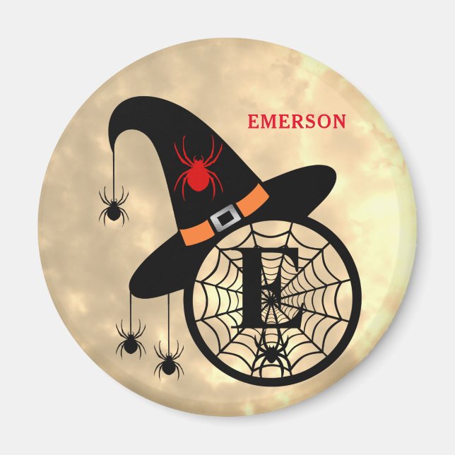 Monogram E Halloween Sky Hexenspinnen Name Magnet (Vorne)