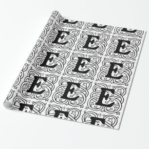 Monogram E Initial Black and White Scroll Pattern Geschenkpapier