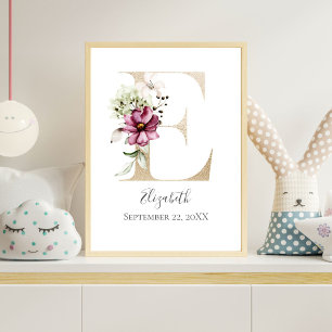 Monogram E Pink White Floral Gold Letter Kinderzim Poster