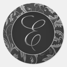 Monogram E Silver and Black Damask Wedding Siegel Runder Aufkleber