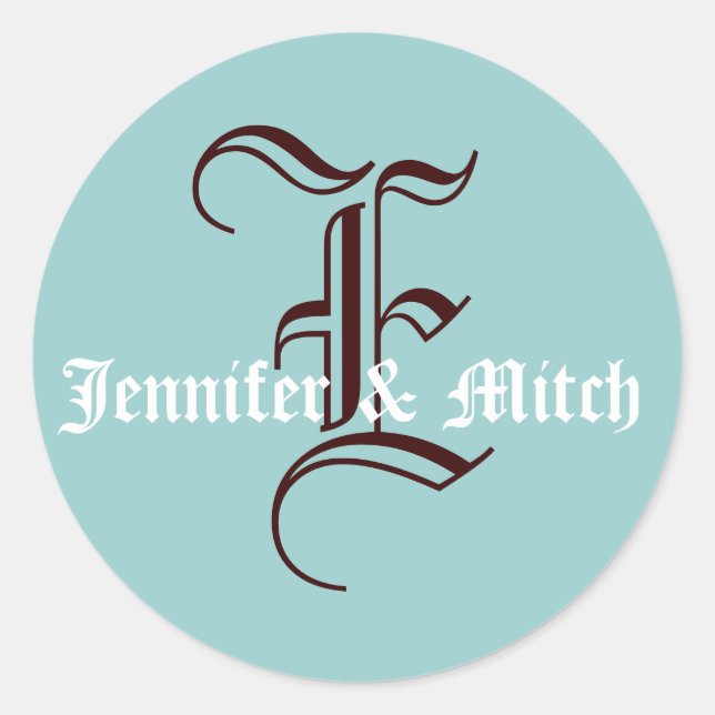 Monogram E Wedding Aqua & Espresso Bevorzugung Sie Runder Aufkleber (Vorderseite)