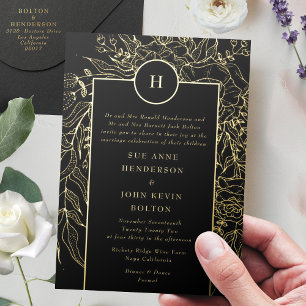 Monogram Editable Black Tuxedo Gold Wreath Wedding Folieneinladung