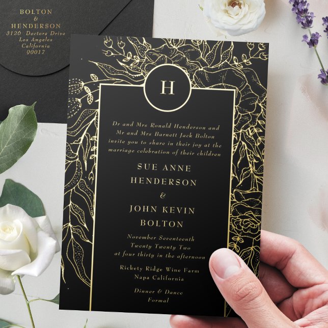 Monogram Editable Black Tuxedo Gold Wreath Wedding Folieneinladung (Invitation showcasing suite - additional items (bought separately))