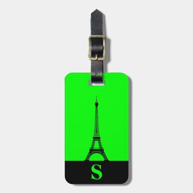 Monogram Eiffelturm mit Strip auf Limettengrün Gepäckanhänger (Vorderseite vertikal)