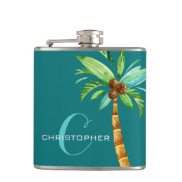 Monogram Eigenname Elegante Aquamarin Palm Trauzeu Flachmann