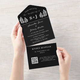 Monogram Einfache Schwarz-weiße QR-Hochzeit All In One Einladung