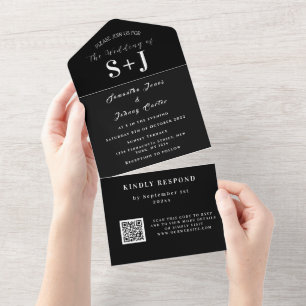Monogram Einfache Schwarz-weiße QR-Hochzeit All In One Einladung