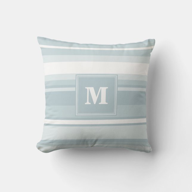 Monogram Eisblauer Streifen Kissen (Vorderseite)