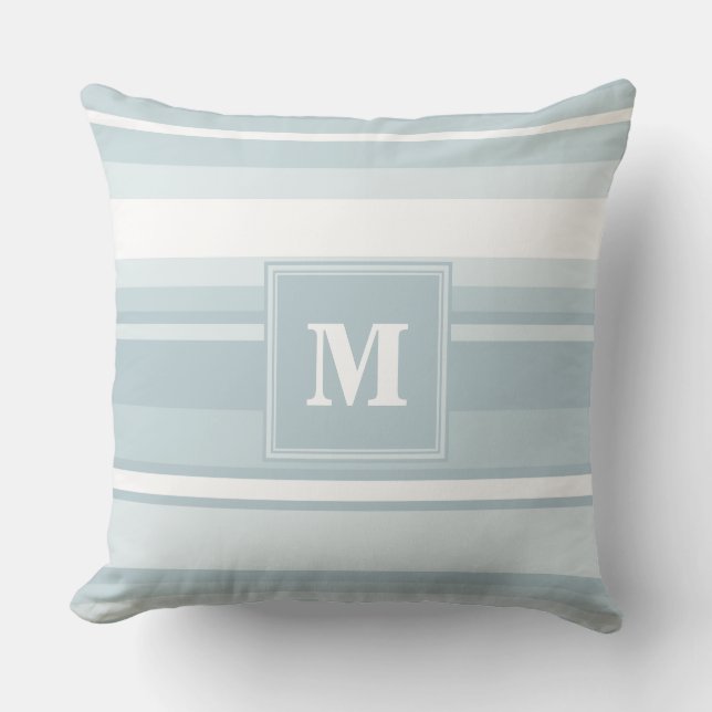 Monogram Eisblauer Streifen Kissen (Vorderseite)