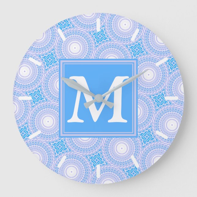 Monogram Electric Blue Circles pattern Große Wanduhr (Vorderseite)