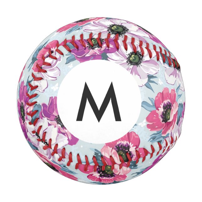 Monogram Elegance-Farbmuster auf blau Blume Baseball (Vorderseite Links)