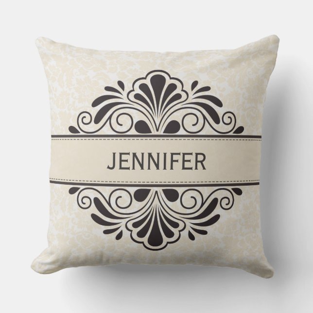 Monogram Elegange Beige Vintage Damaskus Schwarze  Kissen (Vorderseite)