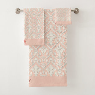Monogram Eleganpeach & White Damask Badhandtuch Set