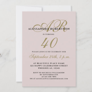 Monogram, elegant 40 Geburtstagsrot Rosa Gold Einladung