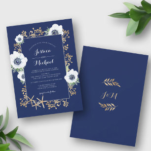 Monogram Elegant Anemone Blume Navy Blue Wedding Einladung