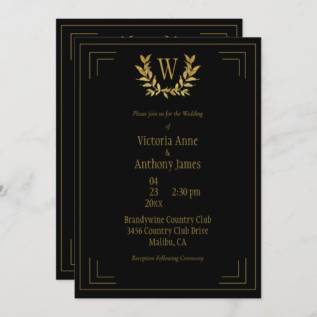 Monogram Elegant Black Gold Leaf Wedding Einladung (Vorne/Hinten)