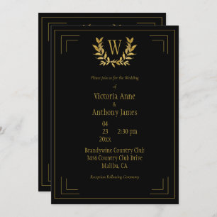 Monogram Elegant Black Gold Leaf Wedding Einladung