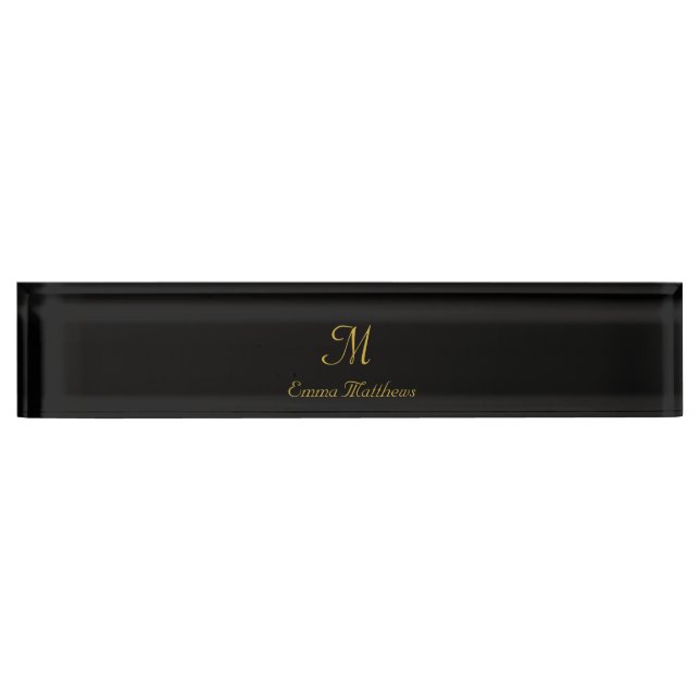 Monogram Elegant Black & Gold Script Name Namensplakette (Vorderseite)