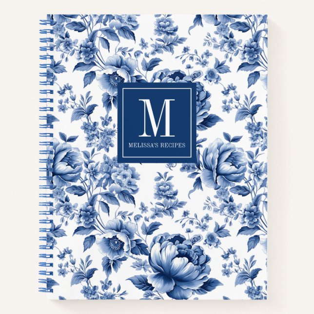 Monogram Elegant Blue Floral Cookbook Rezept Notizbuch (Vorderseite)