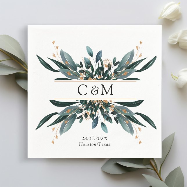 Monogram Elegant Blue Gold (Imitat) Botanical Serviette (Von Creator hochgeladen)