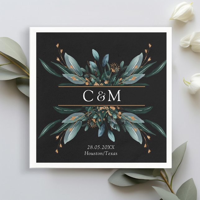 Monogram Elegant Blue Gold (Imitat) Botanischer Ne Serviette (Von Creator hochgeladen)