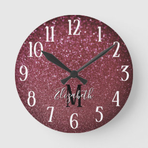 Monogram Elegant Burgundy Imitats Bokeh Glitzer Runde Wanduhr