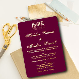 Monogram Elegant Burgundy und Gold Wedding Folieneinladung