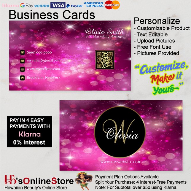 Monogram Elegant Class Sparkle QR Code Visitenkarte (Monogram Elegant Classy Sparkle QR Code Business Card 36.)