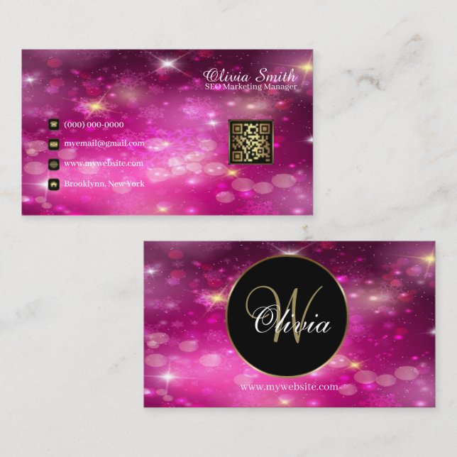 Monogram Elegant Class Sparkle QR Code Visitenkarte (Vorne/Hinten)