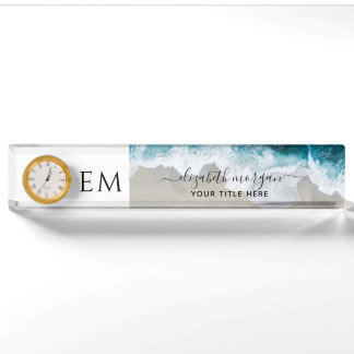 Monogram Elegant Custom Beach Blue Green Clock Namensplakette