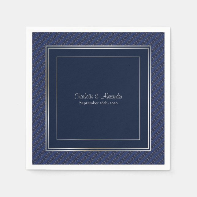 Monogram Elegant Dark Blue Silver Border Wedding Serviette (Vorderseite)