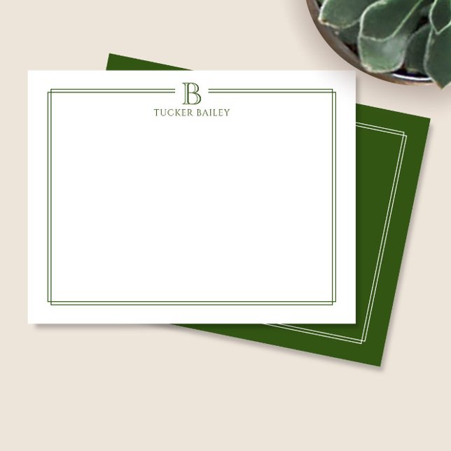 Monogram Elegant Dark Green Border Stationery Mitteilungskarte (Von Creator hochgeladen)