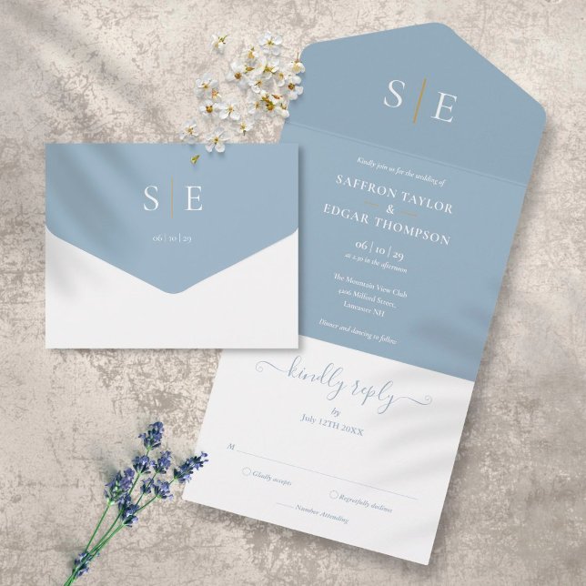 Monogram Elegant Dusty Blue and Gold Wedding All In One Einladung (Von Creator hochgeladen)