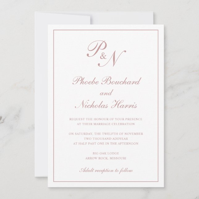 Monogram Elegant Dusty Rose in einer Hochzeit Einladung (Vorderseite)